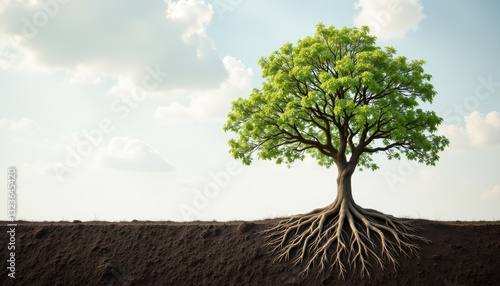 A solitary tree with lush green foliage stands prominently above dark soil, showcasing its extensive root system against a clear blue sky.