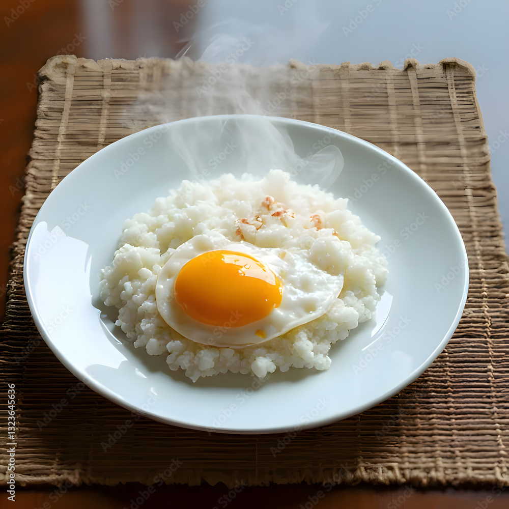 White rice and fried egg with smoke from the heat of the newly cooked food White rice and fried egg with smoke from the heat of the newly cooked food