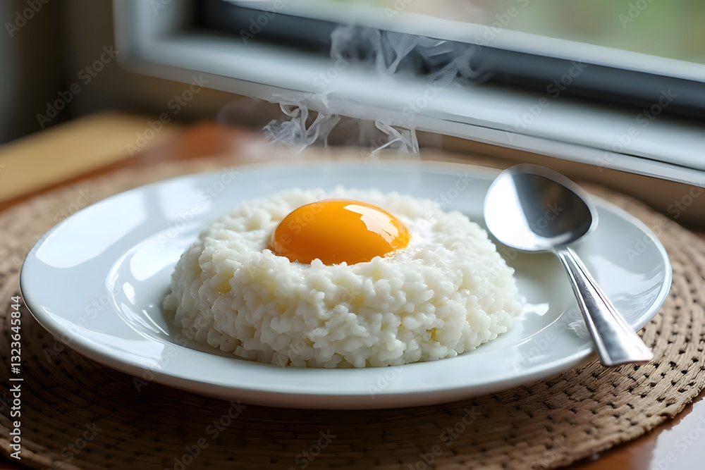 White rice and fried egg with smoke from the heat of the newly cooked food White rice and fried egg with smoke from the heat of the newly cooked food