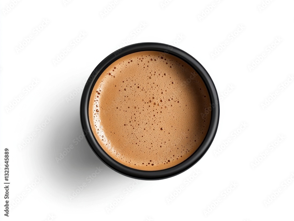Overhead Close Up of Espresso in Black Cup on White Background Overhead Close Up of Espresso in Black Cup on White Background