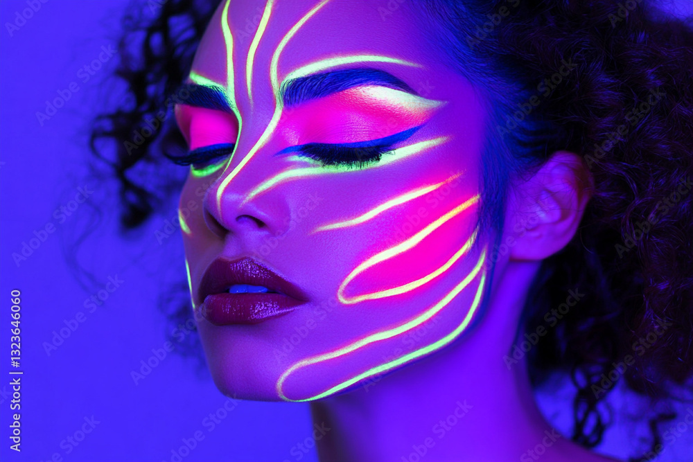 Abstract makeup with neon lines on the face Abstract makeup with neon lines on the face