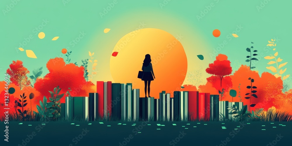 Naklejka premium Silhouette of a Woman with Books and Nature Elements against a Vibrant Sunset in a Conceptual Landscape