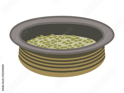 Traditional earthen pot filled with green beans , rustic cooking bowl illustration