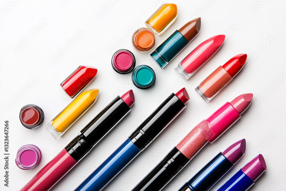 Multicolored lipsticks and glosses on a white background Multicolored lipsticks and glosses on a white background