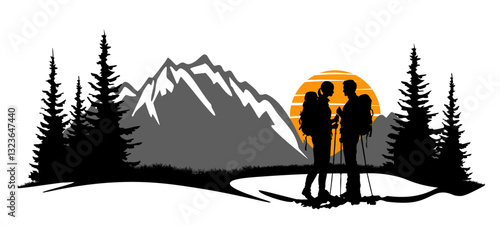 Black silhouette of hiker couple hiking in mountains forest woods landscape panorama illustration icon vector for logo, campimg adventure travel background
