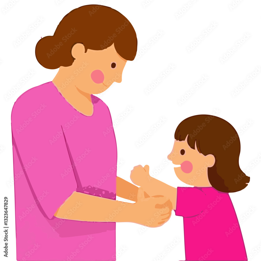 A cartoon image shows a mother tending to her daughter’s arm. 