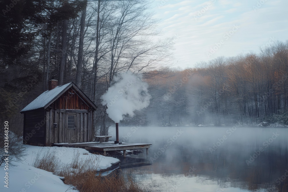 Small wooden cabin near a lake or in a forest, steam escaping into the cold air Small wooden cabin near a lake or in a forest, steam escaping into the cold air