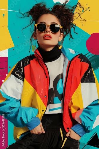 Stylish woman in retro jacket and sunglasses against colorful background.