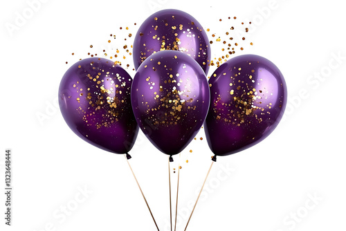 Purple balloons adorned with golden glitter confetti, floating gracefully, isolated on a transparent background in PNG format.