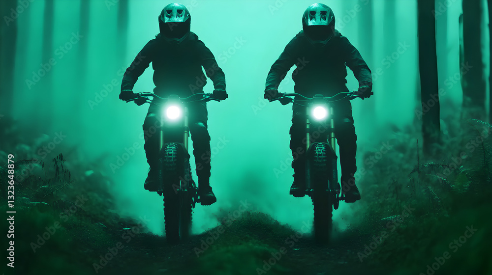 Fototapeta premium Mountain biking adventure through enchanted forest whimsical atmosphere night view