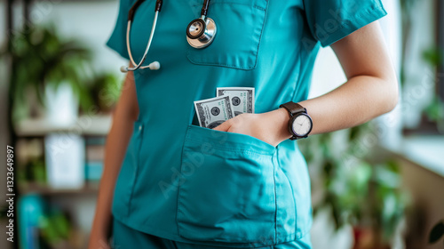Nurse, dressed in blue scrubs, discreetly places cash in a pocket in a healthcare setting, symbolic of a corrupt transaction or agreement in medicine. Corruption, violation of law, bribery