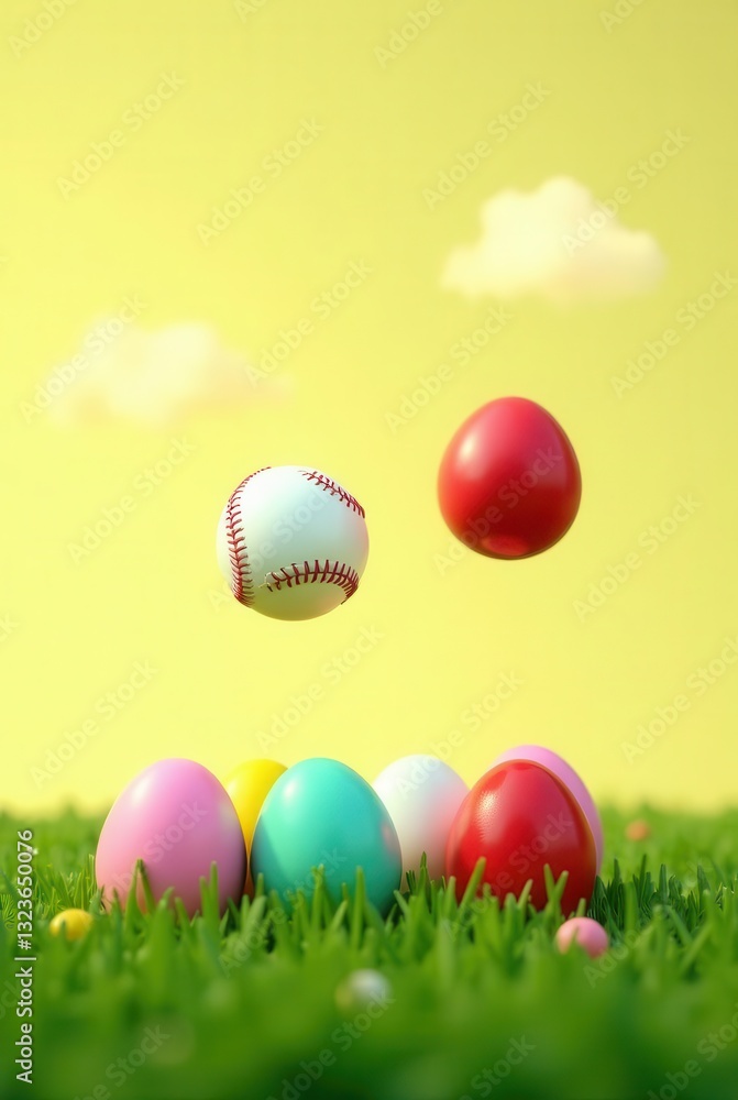 Fototapeta premium A playful spring scene featuring pastel-colored eggs nestled in vibrant green grass, with a baseball and a solid-colored egg playfully suspended above