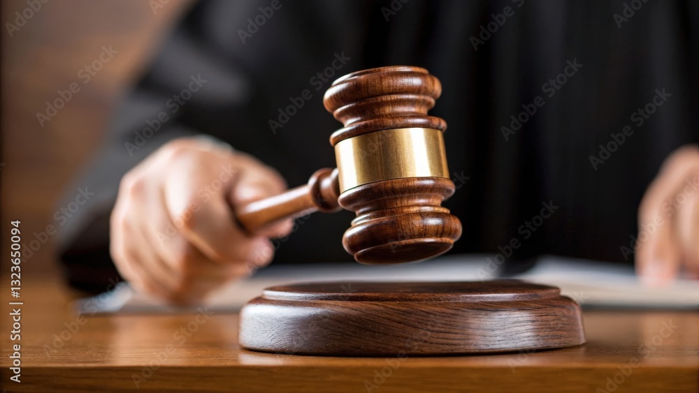 legislation policy enforcement concept. Judge's gavel striking down on a wooden block in a courtroom setting. legislation policy enforcement concept. Judge's gavel striking down on a wooden block in a courtroom setting.
