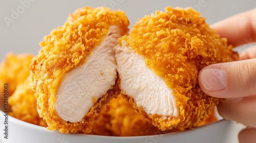 golden, crispy chicken being cut open, juicy and delicious