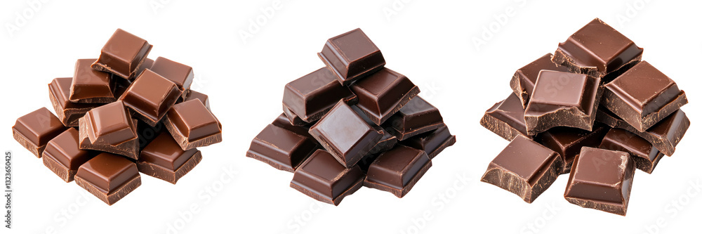 Obraz premium Assorted chocolate cubes in three piles on transparency background