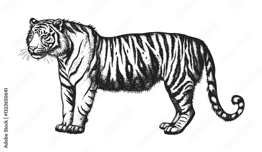 Obraz premium Vintage tiger engraving, vector illustration, ink sketch, black and white wild cat, Africa predator, hand drawn animal silhouette, jungle king, detailed line art, wildlife artwork