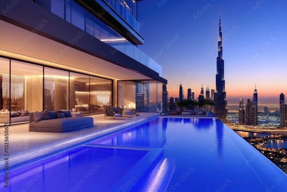 Fototapeta premium Luxurious rooftop pool overlooking Dubai skyline