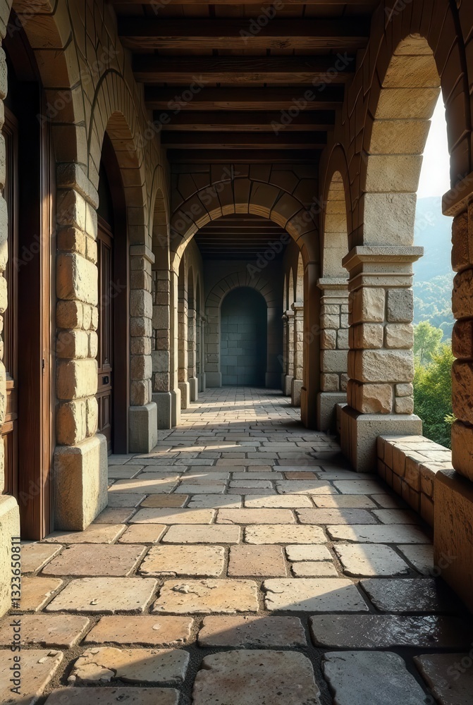 Fototapeta premium Sunlit Stone Corridor An Architectural Perspective of a Serene, Ancient Passageway with Archways and Wooden Doors