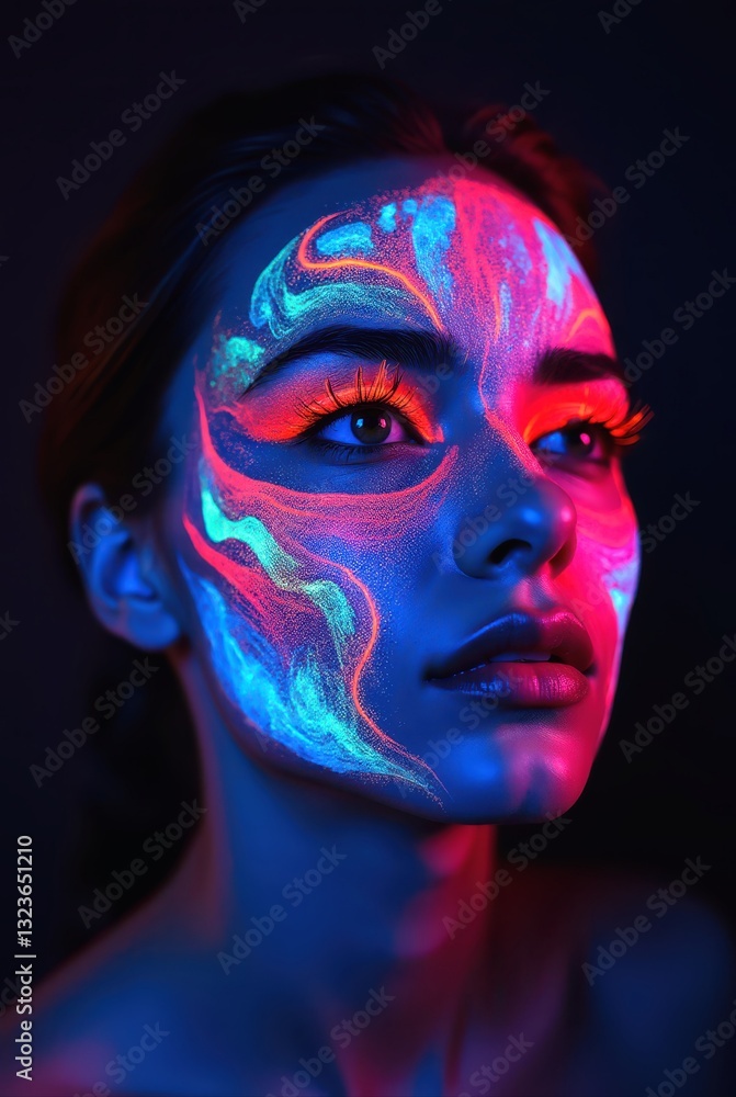 Beautiful model posing with fluorescent neon face paint under uv light Beautiful model posing with fluorescent neon face paint under uv light