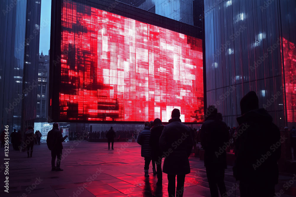 Futuristic City Square with a Massive Digital Screen Flashing Bold Red Message – Onlookers Stunned by the Glow