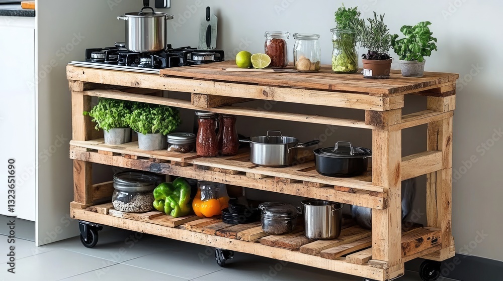 A DIY pallet kitchen trolley with wheels and storage space. A DIY pallet kitchen trolley with wheels and storage space.