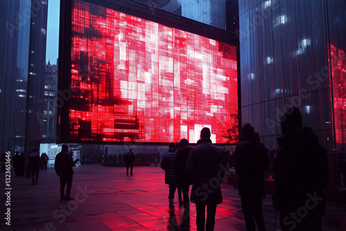Obraz na płótnie Futuristic City Square with a Massive Digital Screen Flashing Bold Red Message – Onlookers Stunned by the Glow w salonie