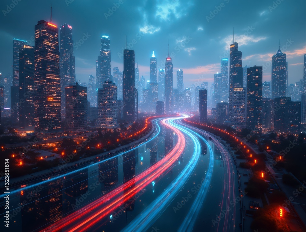 Fototapeta premium Futuristic cityscape with glowing digital streams