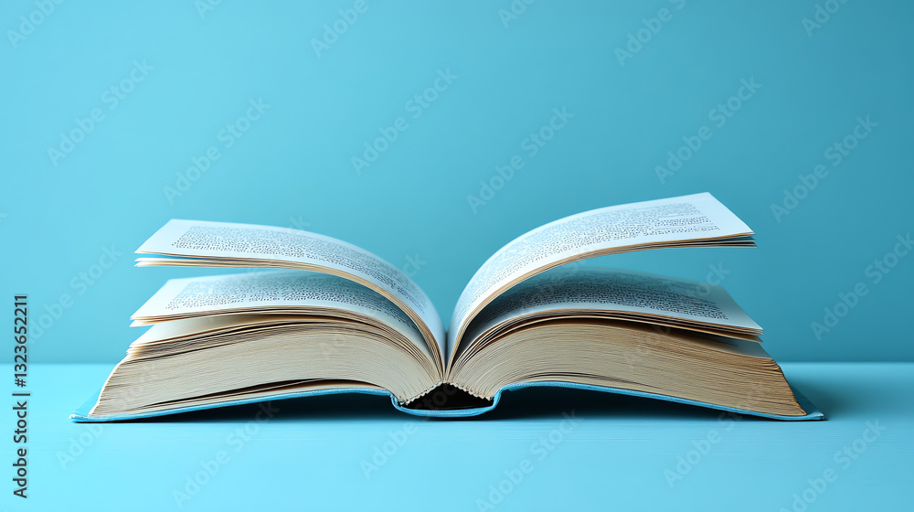 A book lies open against a blue background. A book lies open against a blue background.