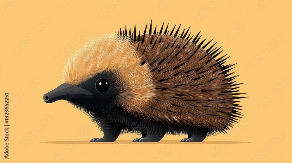 Fototapeta premium Illustrated Echidna with Detailed Textured Spines and Soft Fur Against a Warm Tan Background Displaying a Side Profile