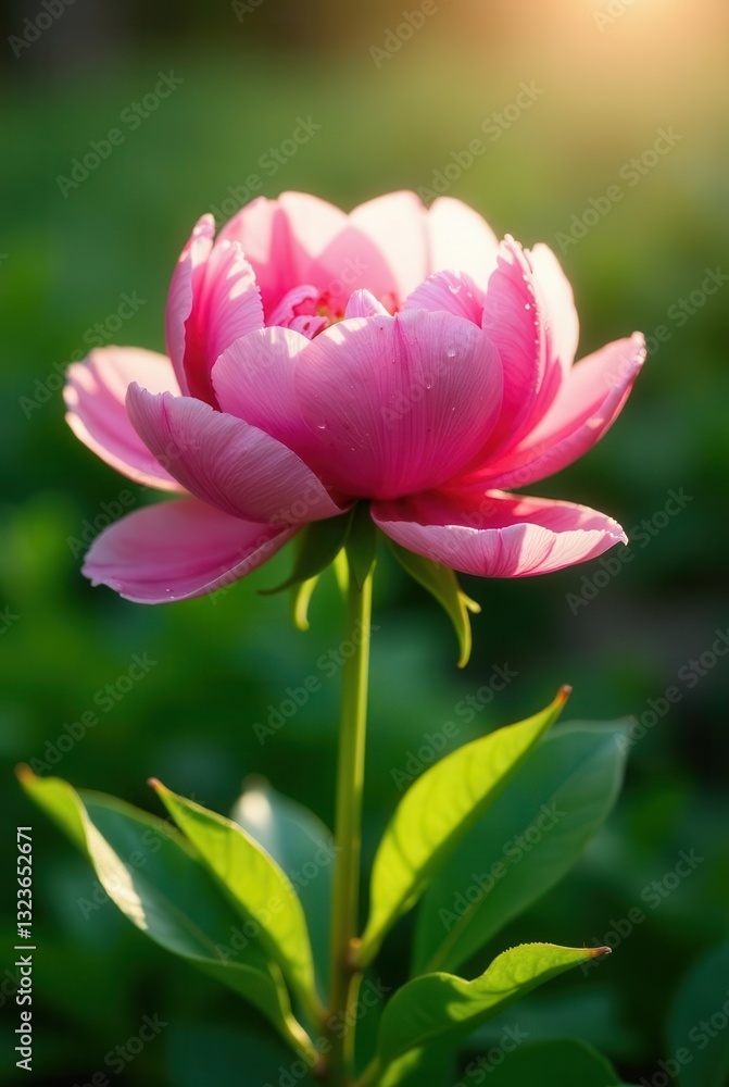 A Single Pink Peony Blossom Illuminated by Golden Sunlight in a Lush Garden Setting A Single Pink Peony Blossom Illuminated by Golden Sunlight in a Lush Garden Setting