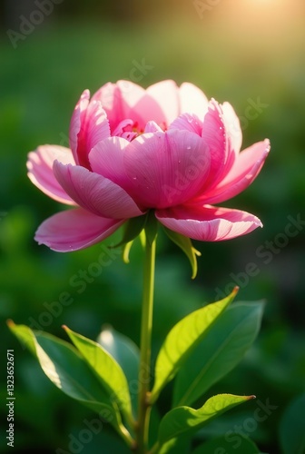 A Single Pink Peony Blossom Illuminated by Golden Sunlight in a Lush Garden Setting