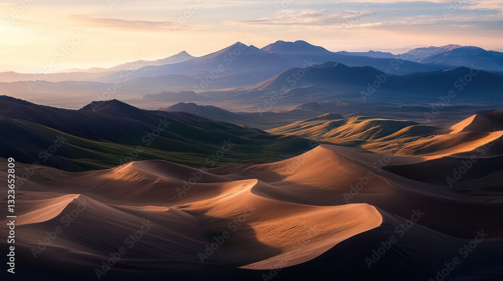 Naklejka premium breathtaking high altitude view of vast desert landscape with rolling sand dunes and distant mountains, showcasing nature beauty