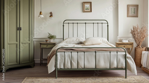 A vintage-inspired metal bed frame in an elegant room.