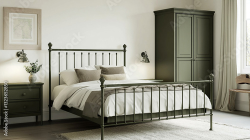 A vintage-inspired metal bed frame in an elegant room.