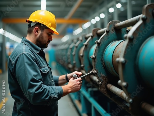 Industrial worker tightening bolts on machinery in factory photo