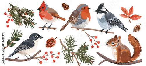 Birds, squirrel, winter animals vector set, wildlife, forest animals, snowy landscape, cute animal designs, winter scene illustrations, nature, snow creatures, animal vector graphics