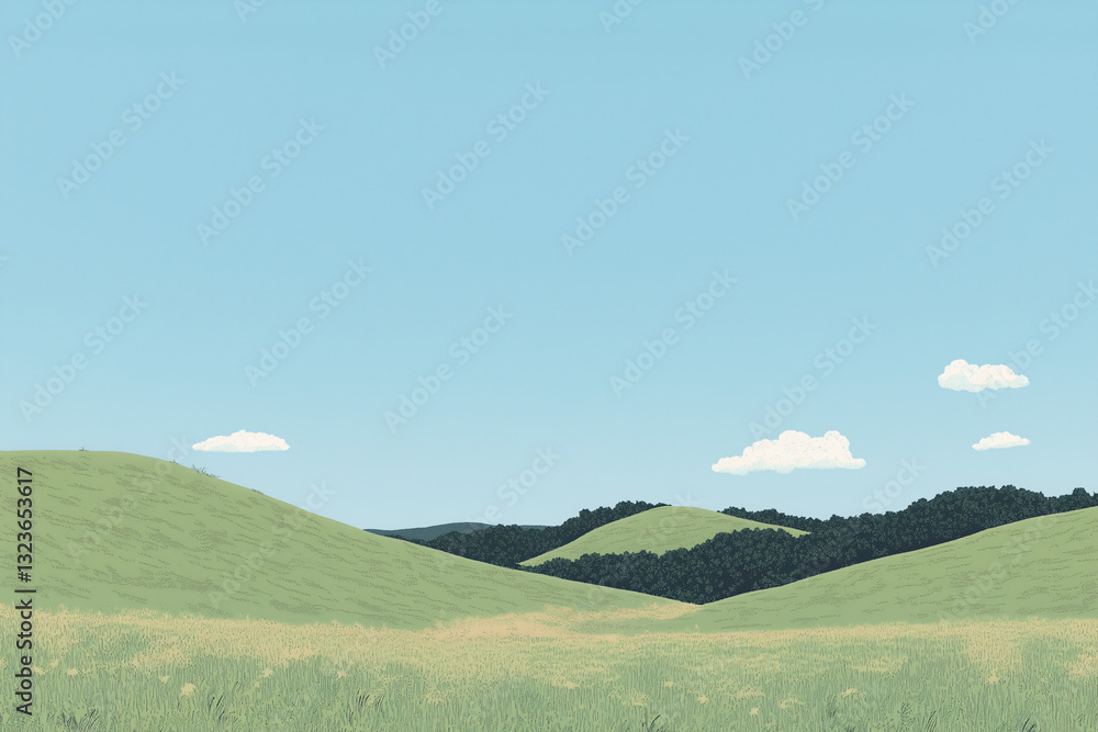 Obraz premium Rolling Hills: A serene vista unfolds, revealing rolling green hills under a vast, clear blue sky, evoking a sense of peace and open space. 