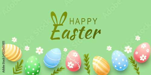 Easter holiday, hare with a basket of Easter eggs, Easter bunny and eggs. Vector illustration