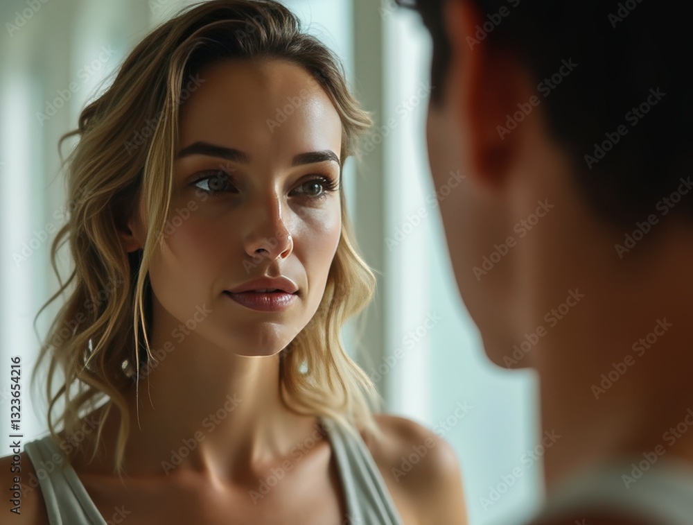 Young woman looking at man reflecting in mirror Young woman looking at man reflecting in mirror