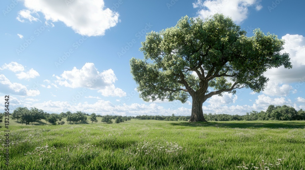 A solitary tree stands majestically under a clear blue sky in a vast green meadow. A solitary tree stands majestically under a clear blue sky in a vast green meadow.