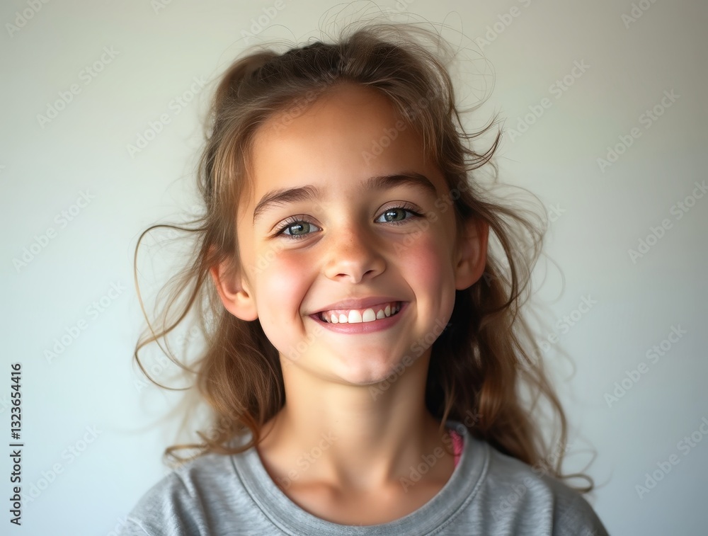 Portrait of smiling young girl with long brown hair on light background Portrait of smiling young girl with long brown hair on light background