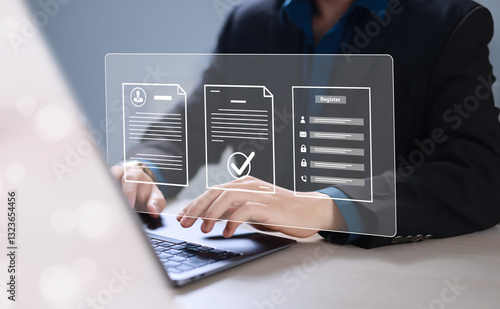 Complete an online survey Register with an online registration form Register a new user Complete an application form with personal information to create an account on the website.