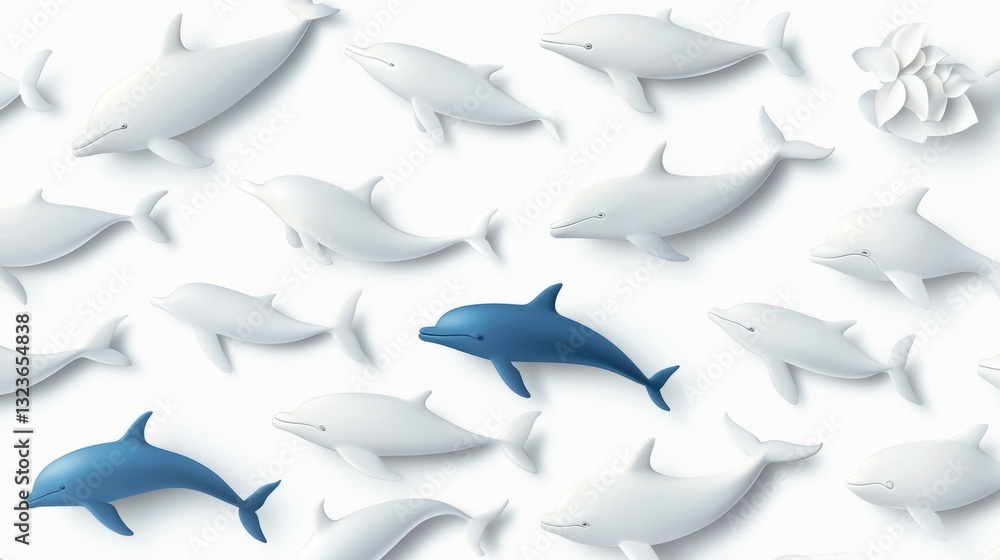 Fototapeta premium Artistic dolphins in varied shades; one stands out in blue, symbolizing uniqueness and individuality.