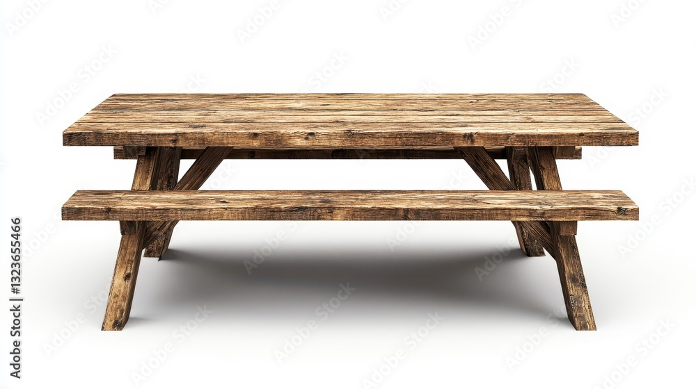A simple, weathered picnic table of natural, light-brown wood, its rough surface inviting relaxation and conversation, stood majestically against a pristine, transparent background, symbolizing A simple, weathered picnic table of natural, light-brown wood, its rough surface inviting relaxation and conversation, stood majestically against a pristine, transparent background, symbolizing