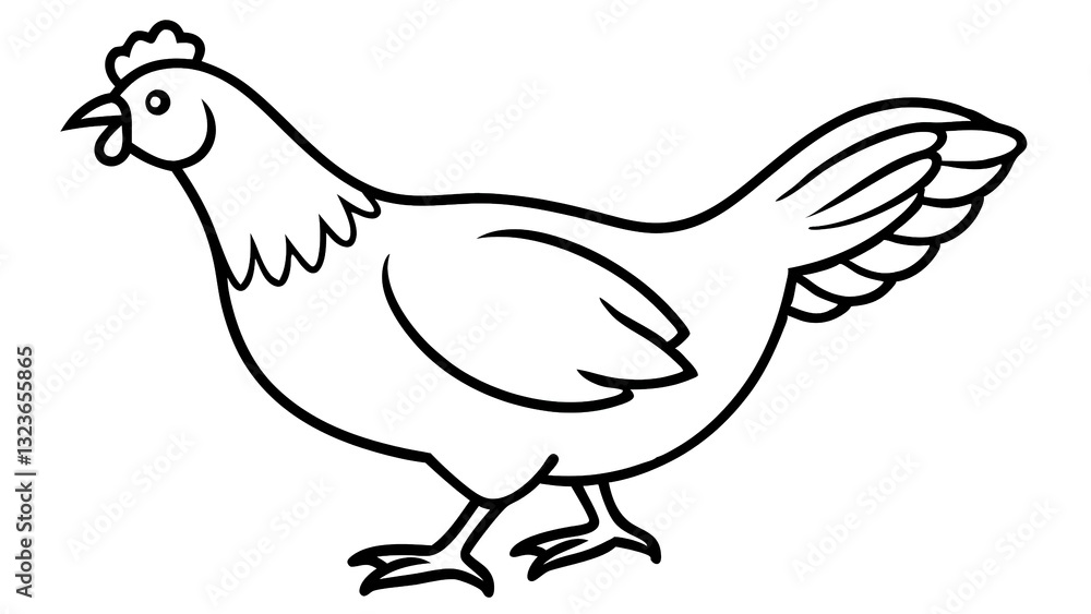Fototapeta premium A Cheerful Hen In Profile, Ready For A Farm Day, Depicted In Simple Black Line Art