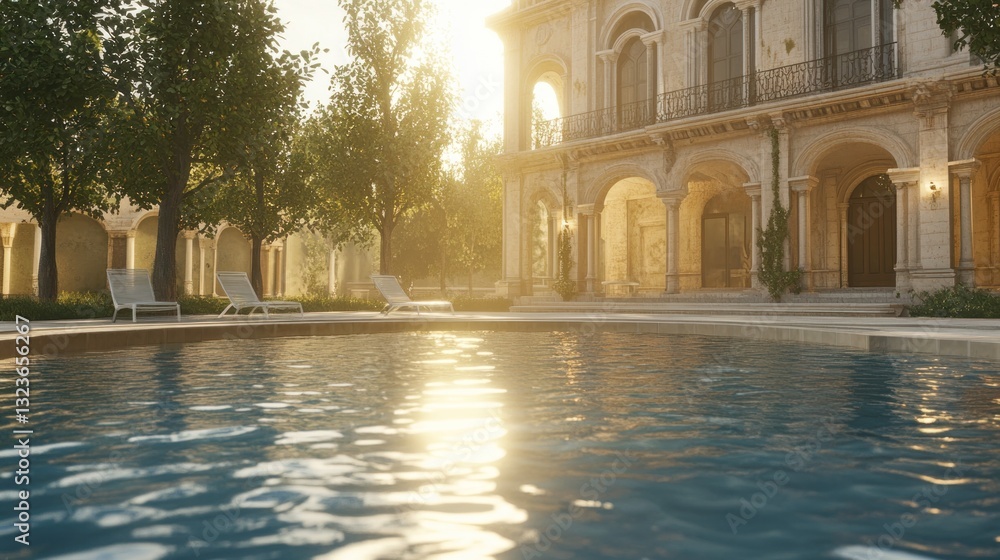 Fototapeta premium Sunlit poolside view of a grand mansion.