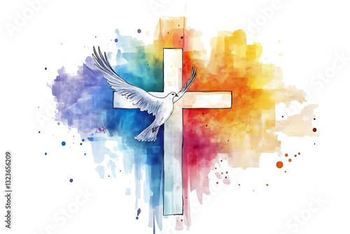 Divine Union: A vibrant cross symbol and a peaceful dove, forming a powerful illustration with a mix of watercolors and an elegant style, representing faith and harmony