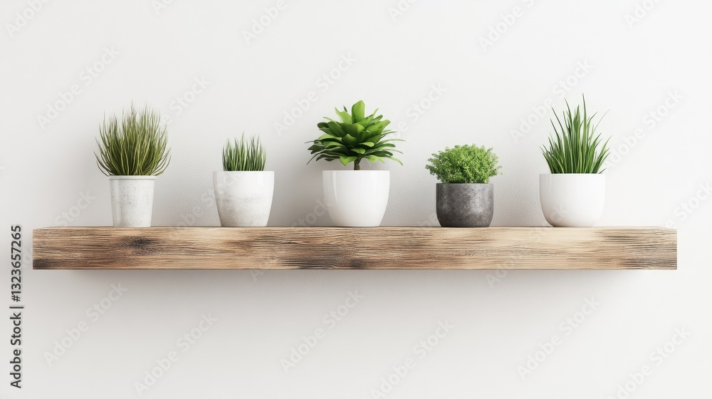 Fototapeta premium A floating wooden shelf displaying decorative items and plants.