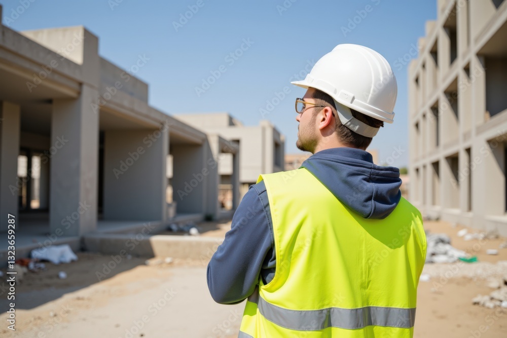 Young Male Construction Worker Observing a Development Site in Daylight, Wearing Safety Vest and Helmet While Overseeing the Progress of New Buildings under Construction Young Male Construction Worker Observing a Development Site in Daylight, Wearing Safety Vest and Helmet While Overseeing the Progress of New Buildings under Construction
