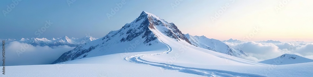 Obraz premium Serene snow-covered peak stretches towards the sky, frosty morning, frozen